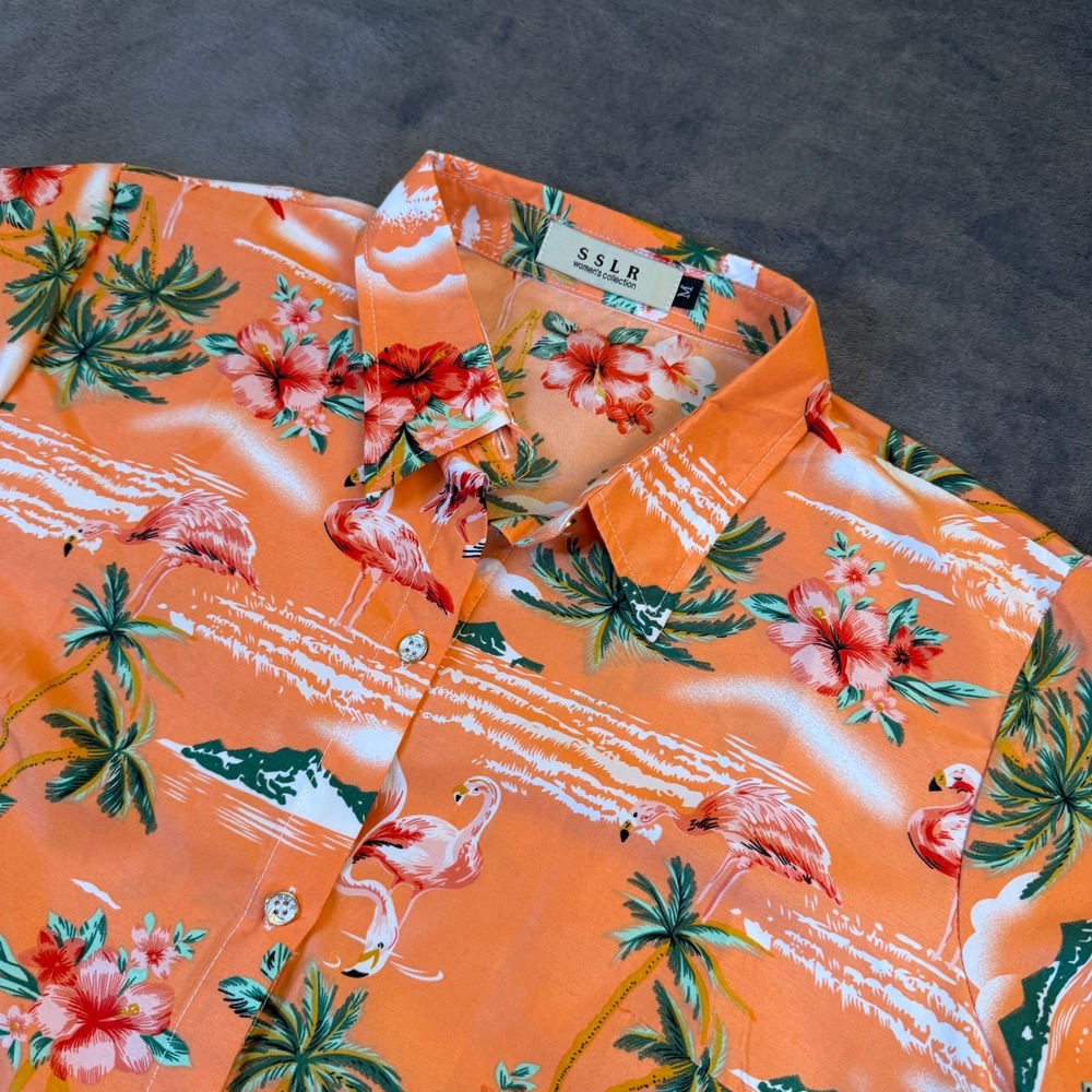 SSLR Tropical Flamingo Button Up Shirt Women Medium Orange Hawaiian Short Sleeve